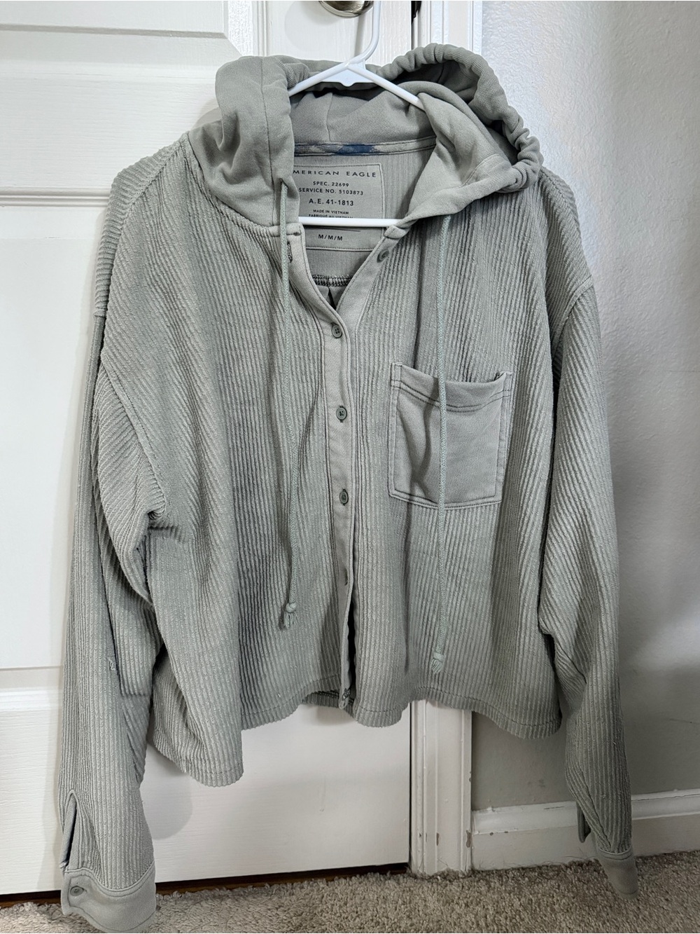 American Eagle Cropped Corduroy Jacket M Hoodie Sweatshirt Sage Green Slouchy